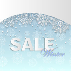 Winter sale banner with paper cut snowflakes. Winter modern design for banner, flyer, poster, invitation, web site or New Year greeting card. Winter background. Paper cut style. Vector illustration.