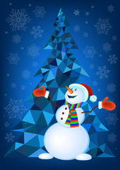 Abstract polygonal Christmas tree and snowman in red mittens