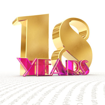 Golden number eighteen (number 18) and the word "years" against the backdrop of the prospect of greeting text. 3D illustration