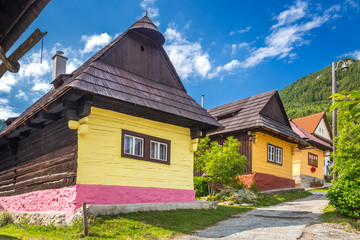 A street with ancient houses in the village of Vlkolinec, Slovakia, Europe.