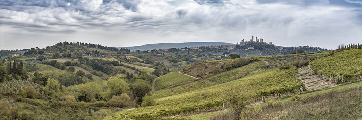 Beautiful hills with vineyards in Tuscany with town San Gimignano in Italy