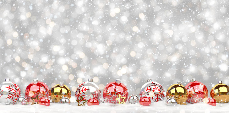 Red and white christmas baubles lined up 3D rendering