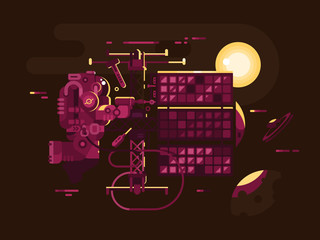 Naklejka premium Astronaut repairing spaceship in open space