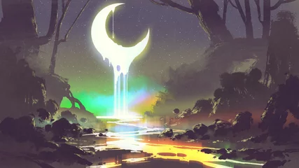 Tuinposter night scenery showing melting moon creates a glowing river, digital art style, illustration painting © grandfailure