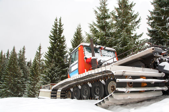 Ratrak or Snowcat, specialized vehicle for snow. Winter landscape of ski resort