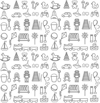 Set of contour icons and pattern on children's theme