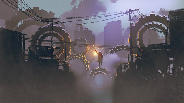 night scenery of man with a lantern standing on giant gears in dark city, digital art style, illustration painting