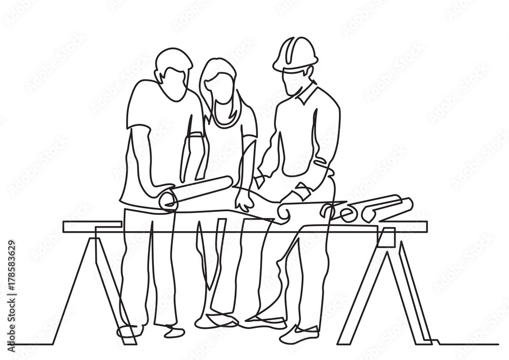 Poster continuous line drawing of - couple discussing costruction plan with developer