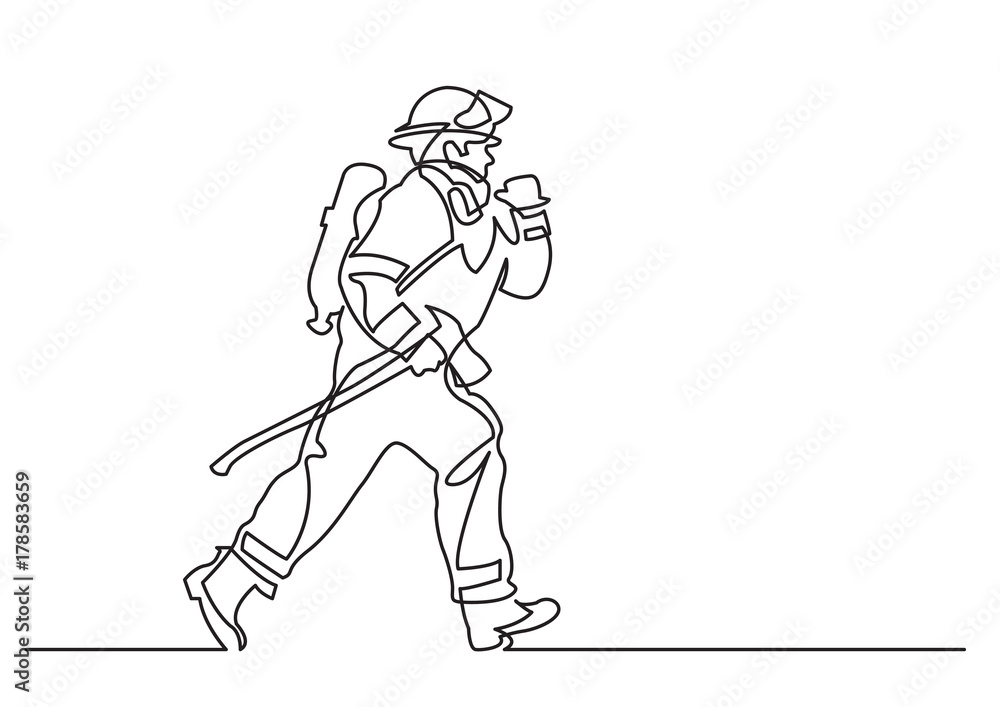 Poster continuous line drawing of - running firefighter