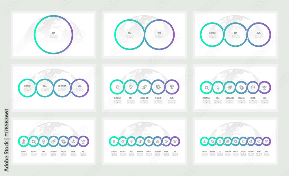 Wall mural business infographics. presentations with 1, 2, 3, 4, 5, 6, 7, 8, 9 circles, options. vector templat