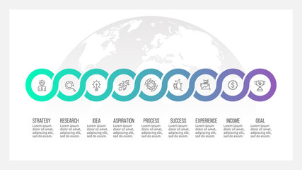 Business process. Timeline infographics with 9 options, circles. Vector template.