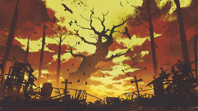 mysterious landscape showing  big bare trees with flying birds in sunset sky, digital art style, illustration painting