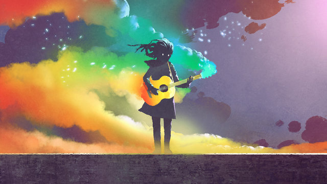 girl playing the magic guitar with colorful smoke on dark background, digital art style, illustration painting