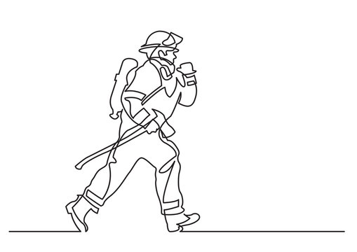 continuous line drawing of - running firefighter