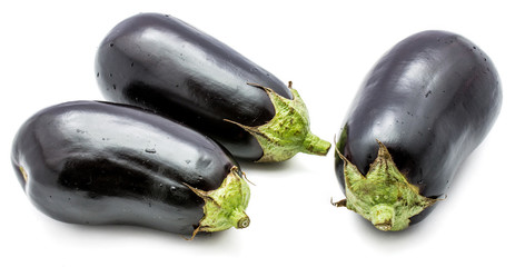 Three whole eggplants (aubergine) isolated on white background
