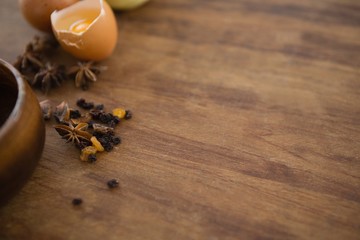High angle view of egg and spices