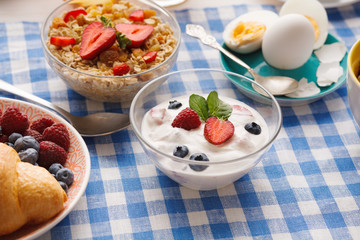 Continental breakfast menu on checkered cloth