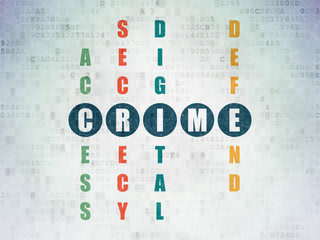 Safety concept: Painted blue word Crime in solving Crossword Puzzle on Digital Data Paper background