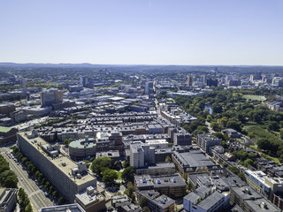 Boston, Massachusetts, USA city skyline aerial panorama view with urban buildings midtown 