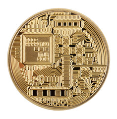 Reverse side of crypto currency golden bitcoin isolated on white