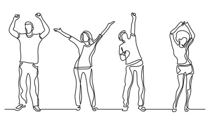 continuous line drawing of group of cheerful people