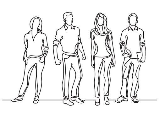 continuous line drawing of standing young team members