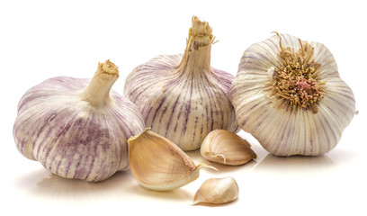 Garlic isolated on white background three bulbs and cloves