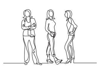 continuous line drawing of three standing women