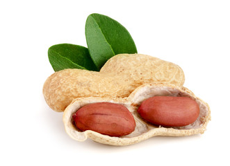 peanuts with leaf isolated on white background