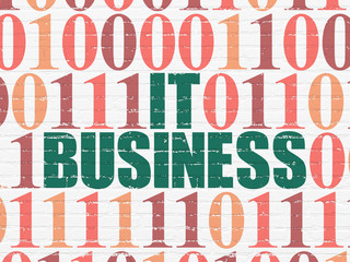 Business concept: Painted green text IT Business on White Brick wall background with Binary Code
