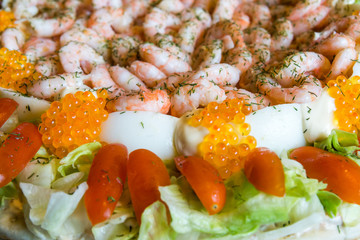 Swedish sandwich cake with mayonnaise shrimp and caviar