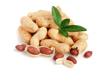 peanuts with leaf isolated on white background