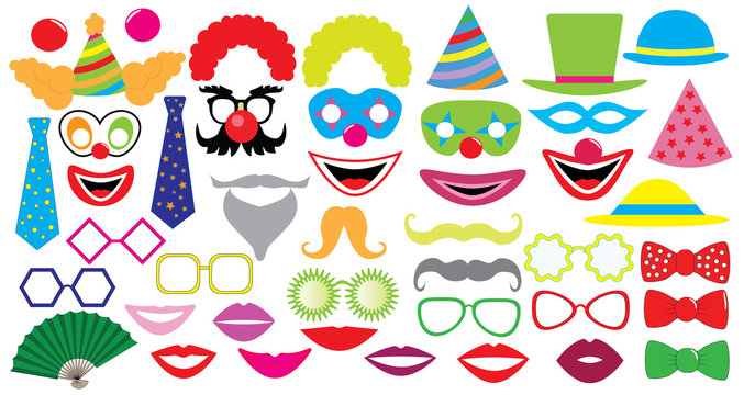 Birthday party set. Clown, hat, cap, glasses, lips,  mustaches, tie and etc., icons.