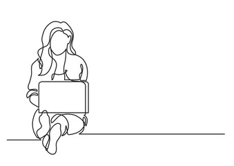 one line drawing of a woman sitting with laptop computer