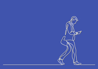 Obraz premium one line drawing of man walking with a phone
