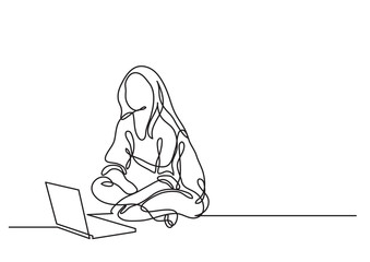 one line drawing of a woman sitting with laptop computer