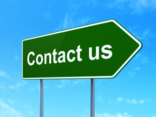 Business concept: Contact us on green road highway sign, clear blue sky background, 3D rendering