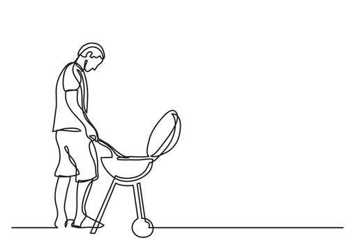 One Line Drawing Of Man Grilling Barbecue