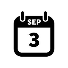 Simple black calendar icon with 3 september date isolated on white