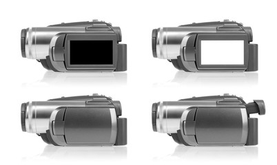 Video camera side view with different screen and viewfinder positions isolated on white