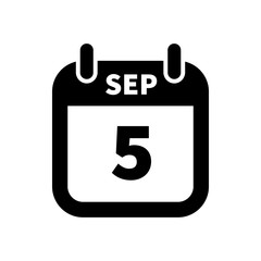 Simple black calendar icon with 5 september date isolated on white