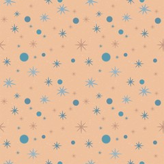 Beige speckled pattern with blue stars and circles. Vector seamless pattern
