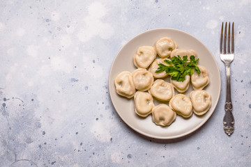 Boiled dumplings in a gray plate on a gray background, parsley, horizontal
