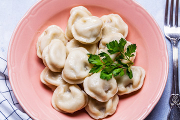 Boiled dumplings in a pink plate on a gray background, parsley, horizontal