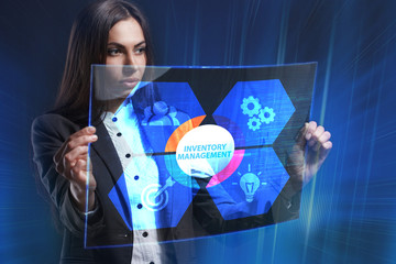 The concept of business, technology, the Internet and the network. A young entrepreneur working on a virtual screen of the future and sees the inscription: Inventory management