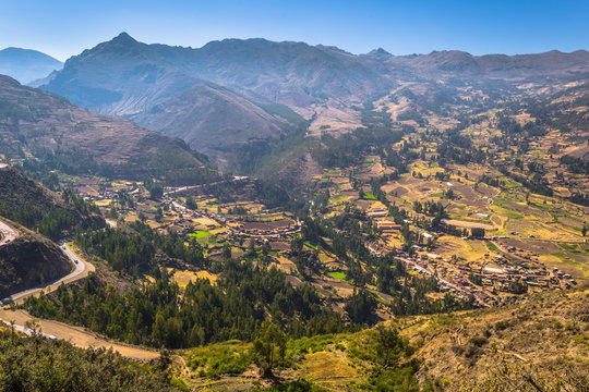 Sacred Valley, Peru - August 02, 2017: Panoramic view of village of Taray in the Sacred Valley, Peru