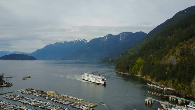  beautiful aerial view of ferry moving in ocean. Horseshoe Bay, Canada