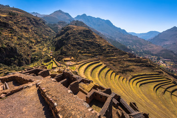 Sacred Valley, Peru - August 02, 2017: Ancient ruins of Pisac in the Sacred Valley, Peru - obrazy, fototapety, plakaty