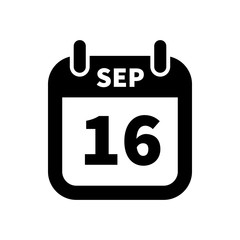 Simple black calendar icon with 16 september date isolated on white