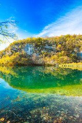     Reflection on surface of water on Plitvice Lakes National Park in Croatia in autumn 